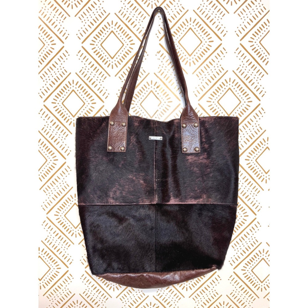 Pulicati Genuine Leather Hair-On Tote Bag Oversized Western‎ Country Rodeo Brown